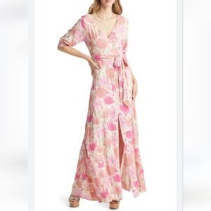 VICI Floral Pink Maxi Dress Belted V Neck Front Slit Detail Size Small Women’s